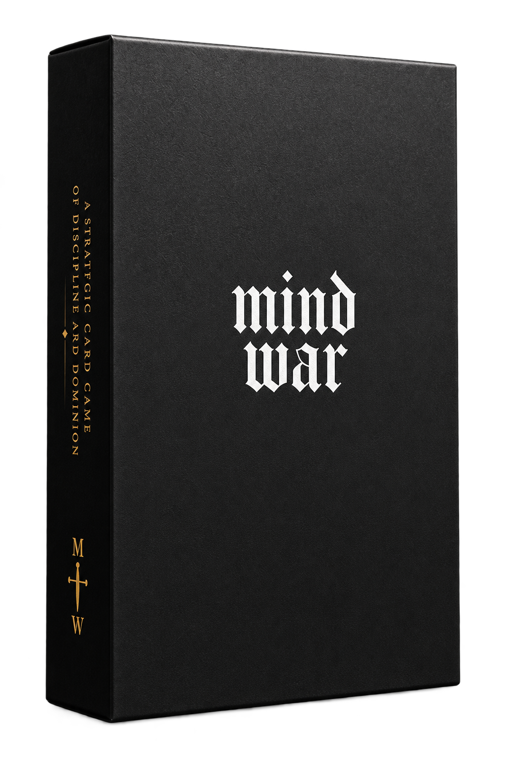Matte black Mind War box with white logo and gold side details