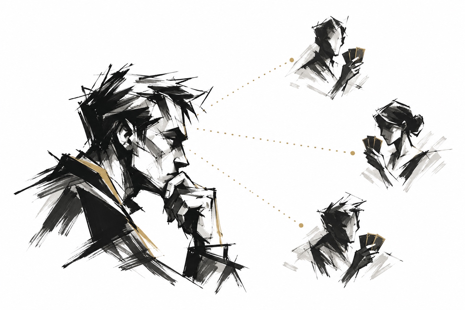 A player traces clues between opponents holding cards