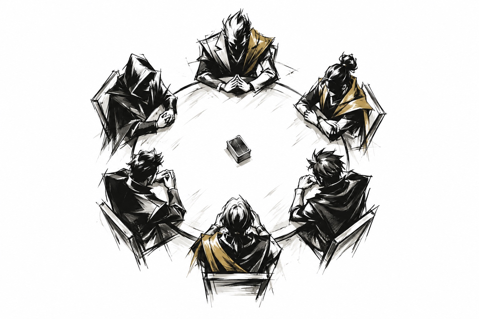 Six players seated around a round table