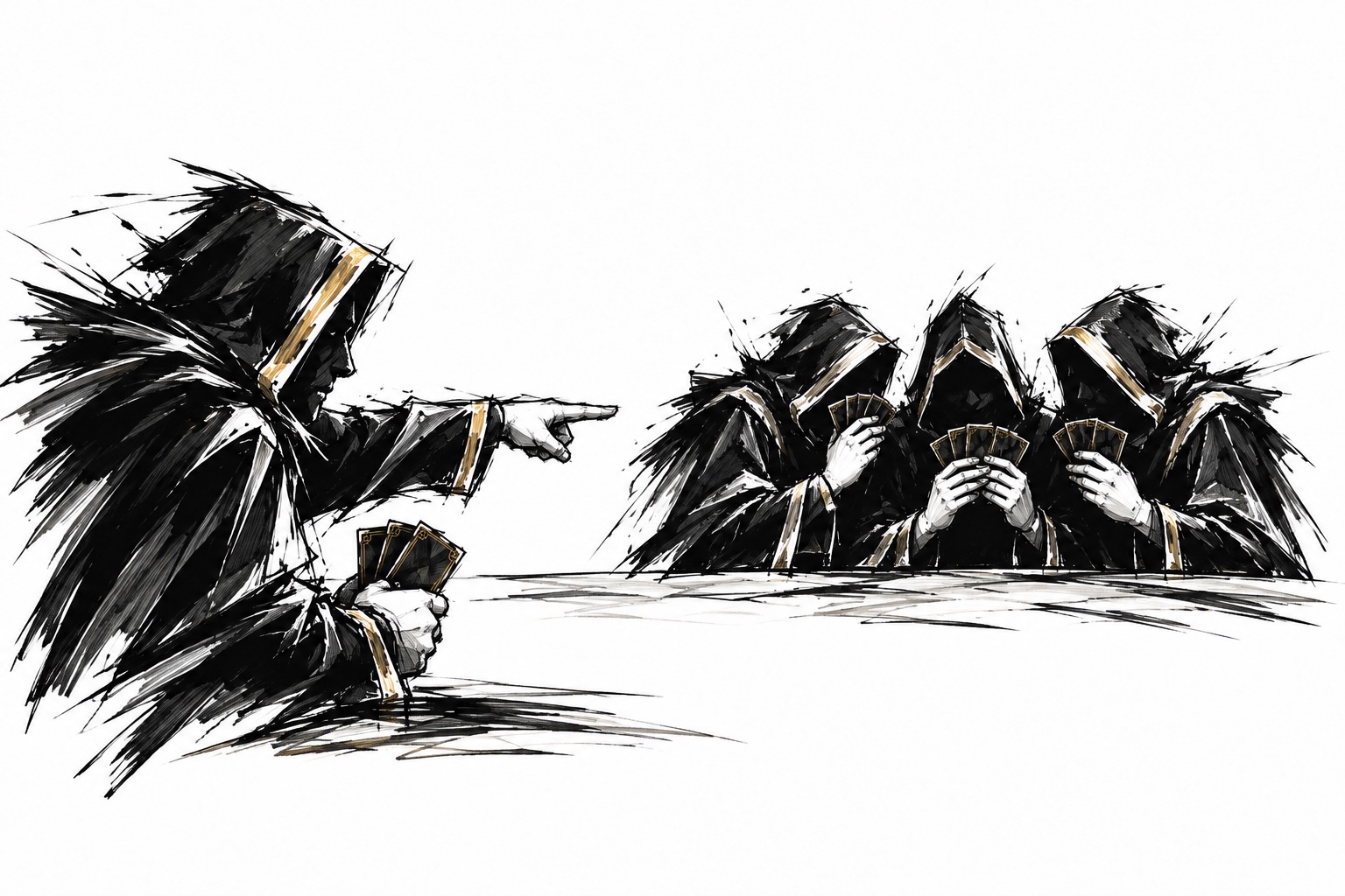 A player points to three opponents holding hidden cards